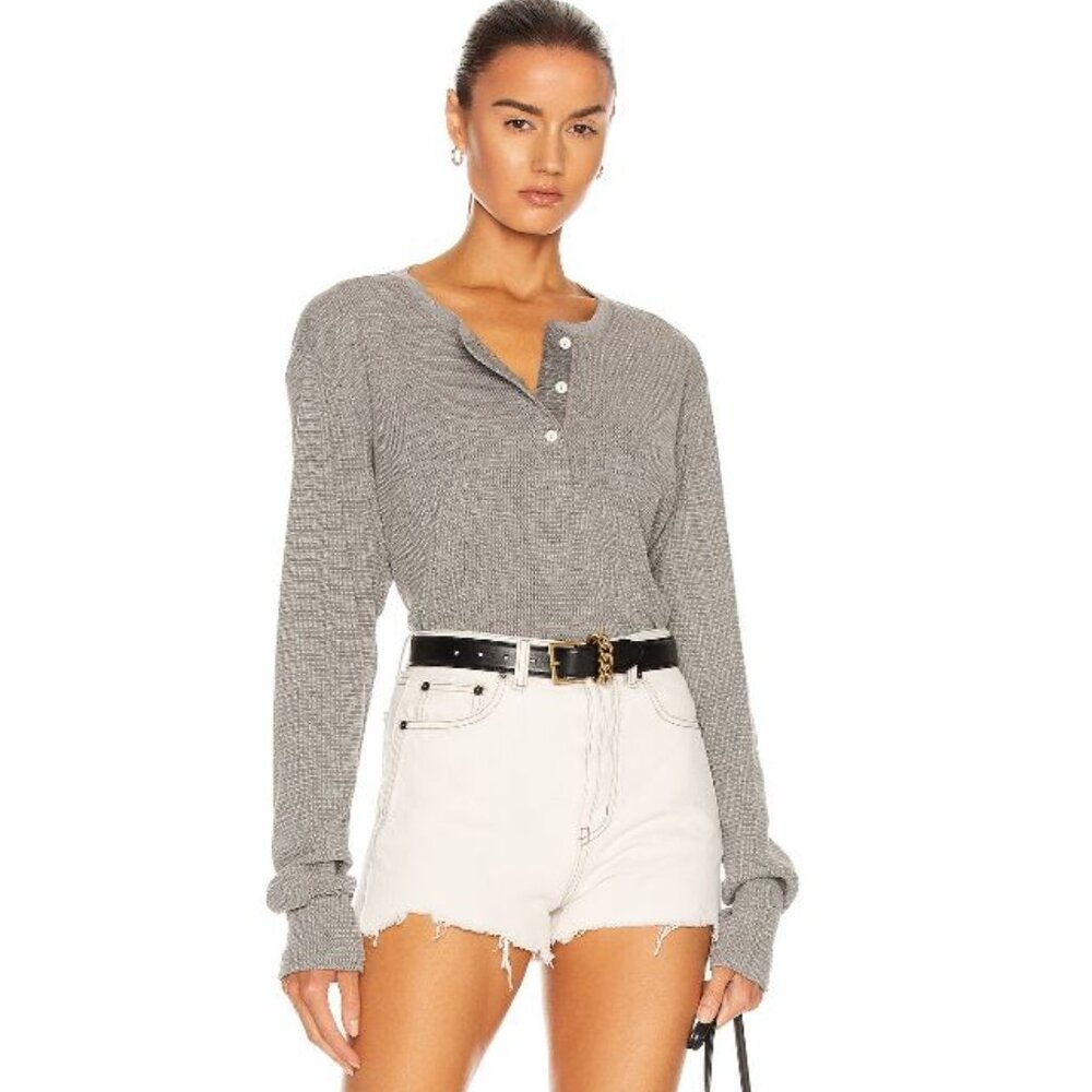 RE/DONE x Haynes Women's Heather Gray Long Sleeve Thermal Henley Tee - Size M
